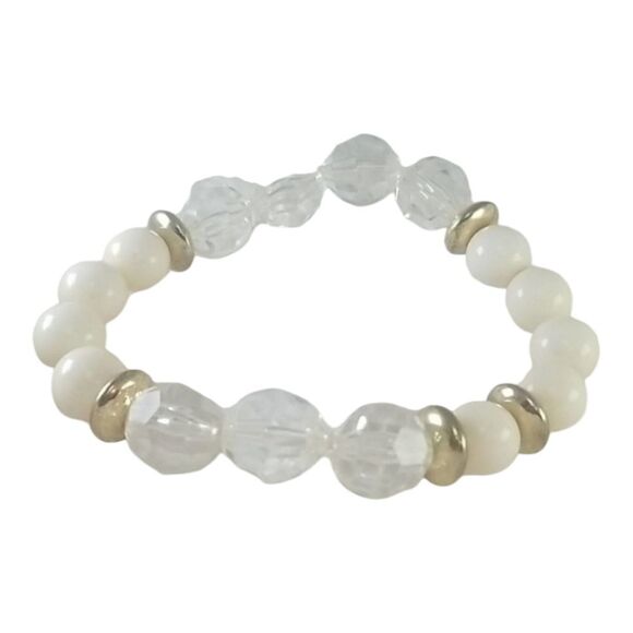 Stretch Bead Bracelet Clear Cream Beaded Gold Spacer - Picture 1 of 6